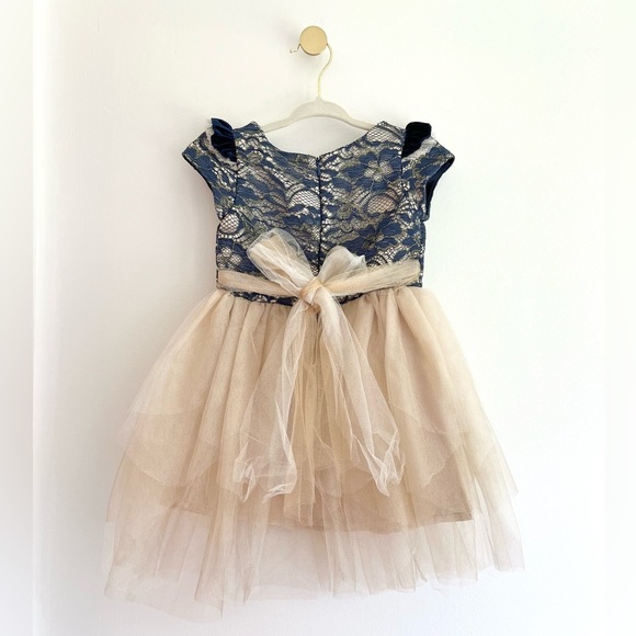 Biscotti Navy and Lace Champagne Tulle Dress with Bow, Girls 2T - Like New - Picture 2 of 8